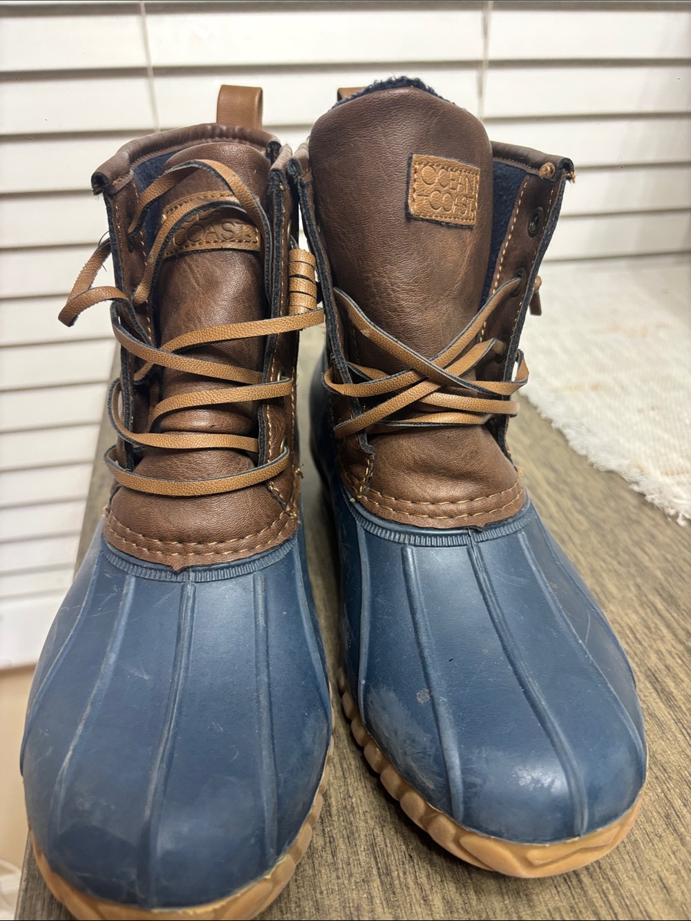 Kids Waterproof Blue and Brown Lace-Up Rain Boots